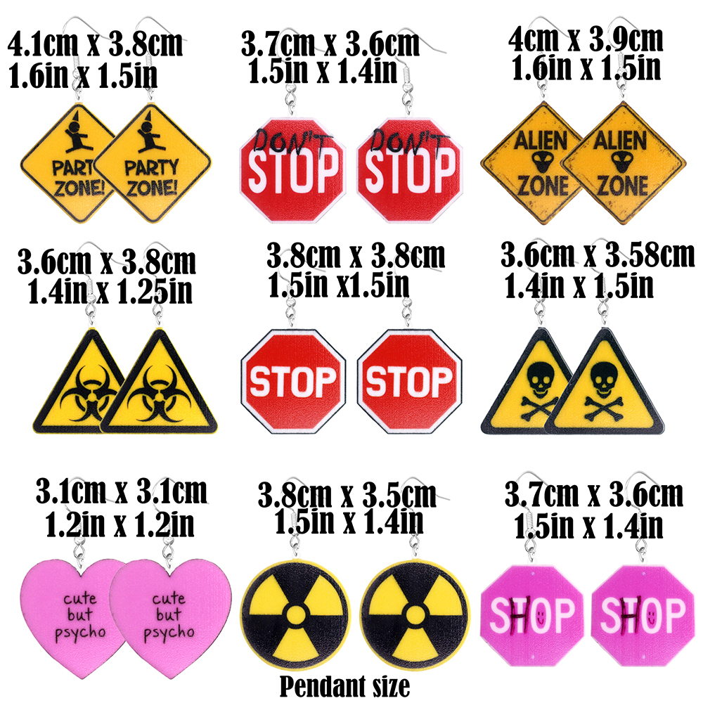 Tegneserieøreringe, søde akryl, sjove stop, vejskilte, advarselsskilte, rumvæsener