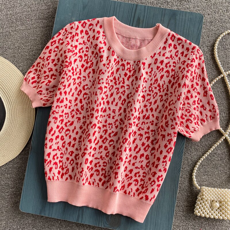 Style Hong Kong Style Retro Chic Loose Wild Leopard Print Soft Short-sleeved Sweater Short Top Women sweater women