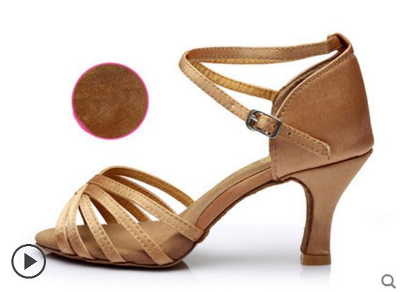 Vrouwen Latin Dans Schoenen Hoge Hakken Koeienhuid zachte bodem Black satin Sport schoen Latin Indoor Goedkope Meisje Beoefenen Grote Korting: GOLD heel 7.5cm