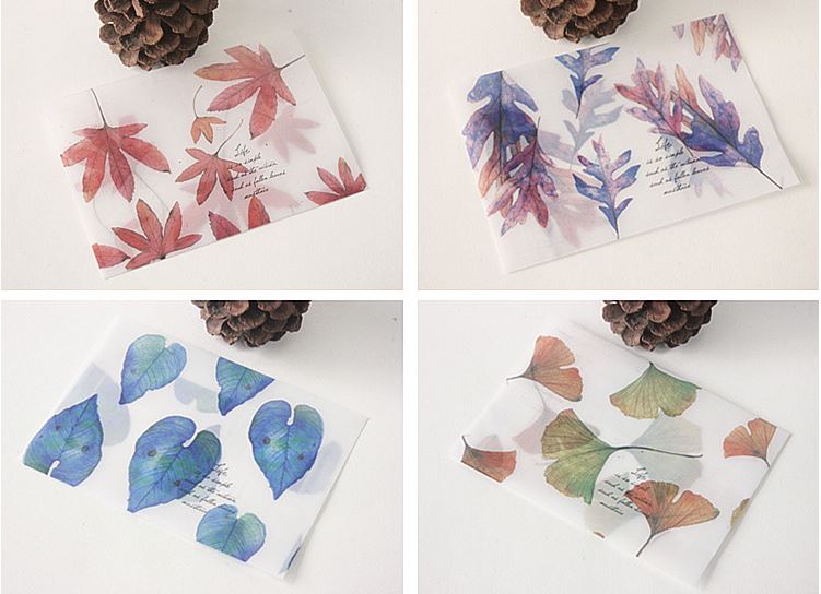 Sobres translúcidos de papel pergamino hojas de otoño