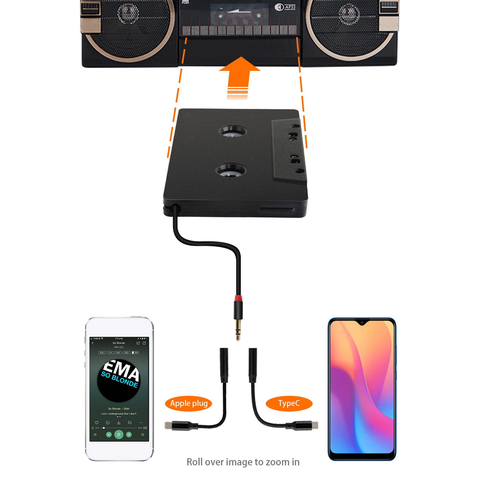 3.5mm Car Audio Cassette to Aux Adapter Stereo 4 Channel Output Cassette Tape Player 3.5mm Auxillary Cable Tape Adapter