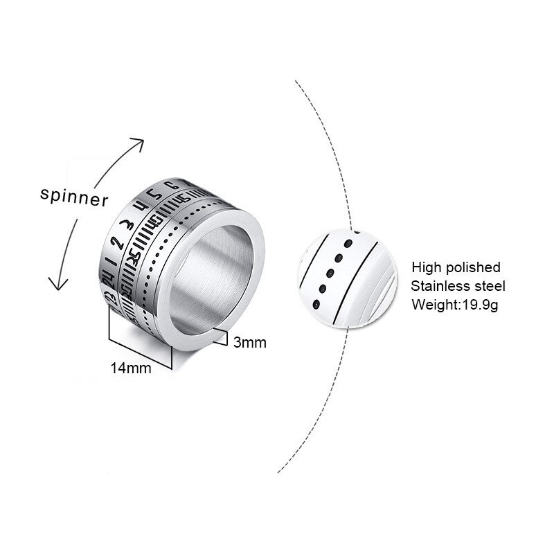 Kotik Tijd Vorm Mannen Ringen Zilveren Kleur Titanium Staal Roterende Ring Arabische Cijfers Kalender Vorm Anel Masculino