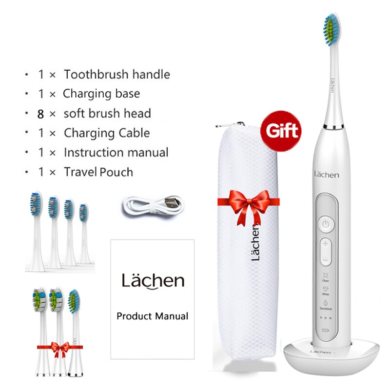Lachen T8B Powerful Sonic Electric Toothbrush 9 Modes Rechargeable Adult Tooth Brush 2 Min Timer Toothbrushing w/ Charging Base: White add 4 Heads