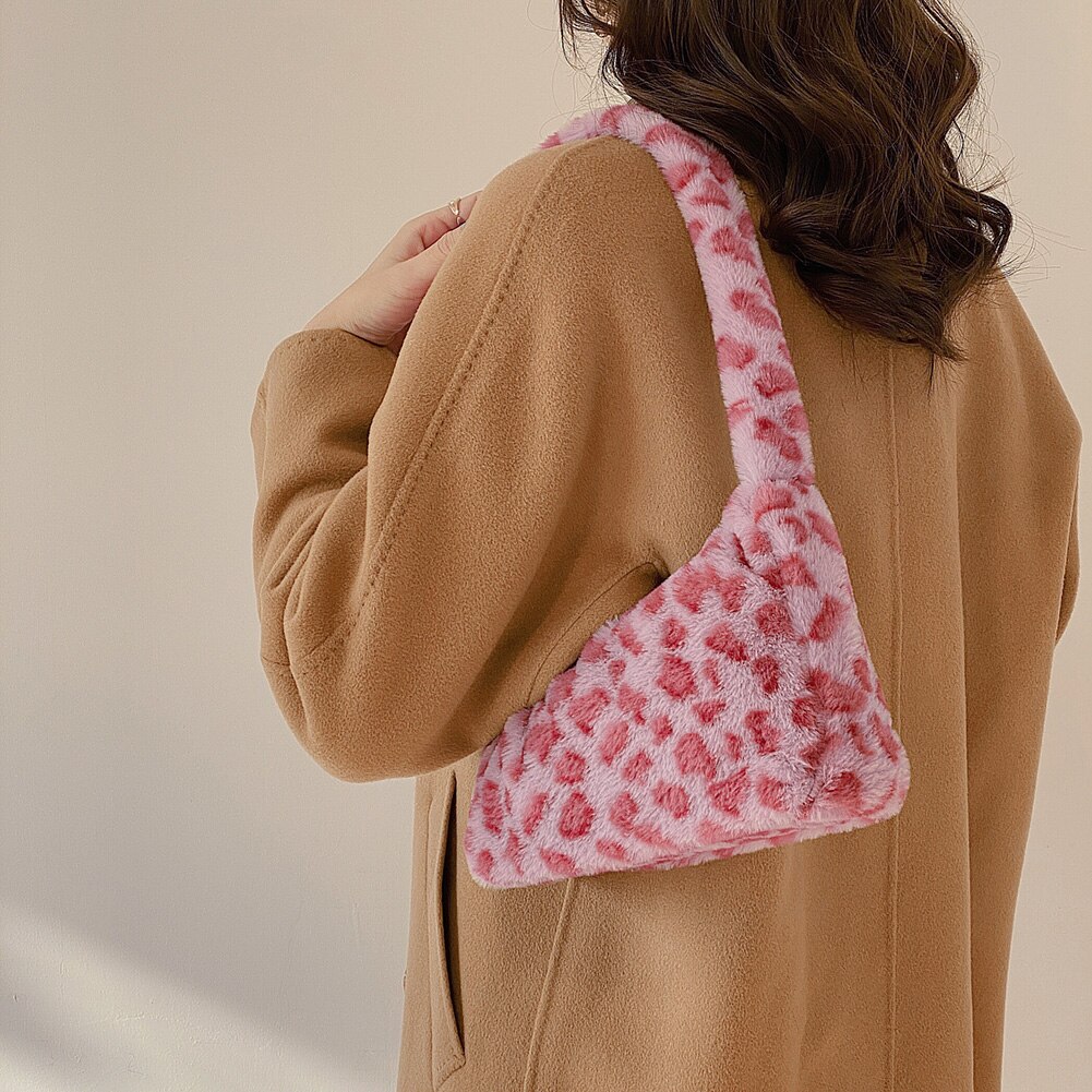 Winter Koe Print Onderarm Tassen Voor Vrouwen Zachte Pluche Roze Luipaard Kleine Schoudertassen Vrouwelijke Warme Pluizige Tassen bolsas