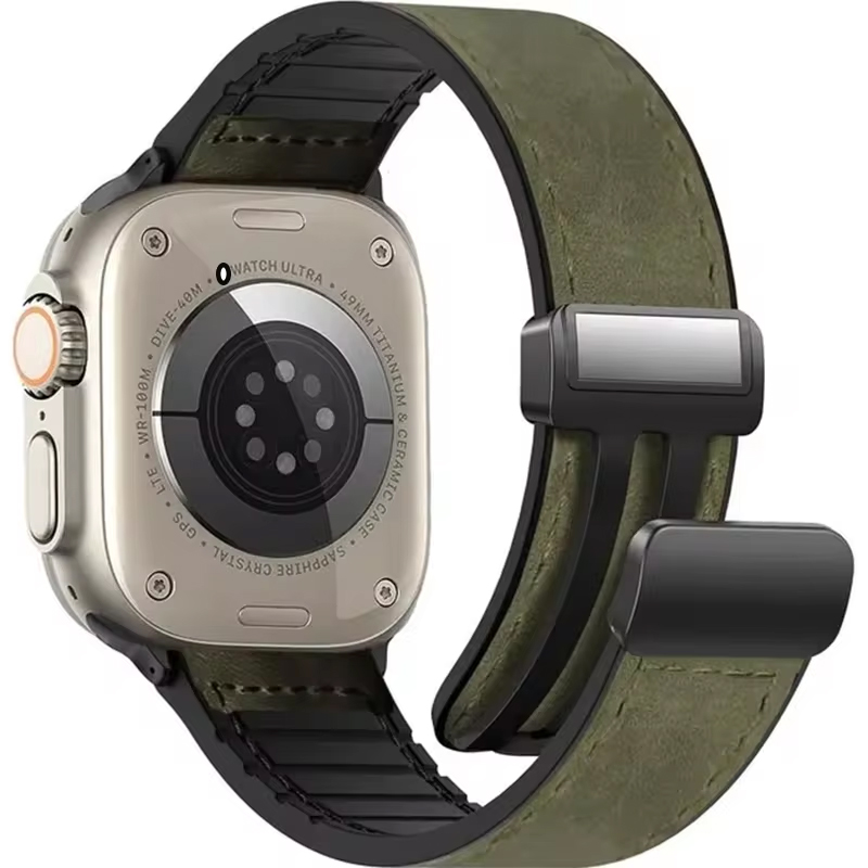 Siliconen + lederen band voor Apple Watch Band 49mm 44/42/45/38/40/41mm accessoires armband voor iWatch Ultra Series 9 8 7 SE 6 5: M / Steenkool zwart