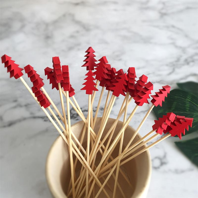 100/200PCS Bamboo Cocktail Picks Disposable Fruit Cake Sticks Christmas Tree Shape Toothpicks for Appetizer Party Bar