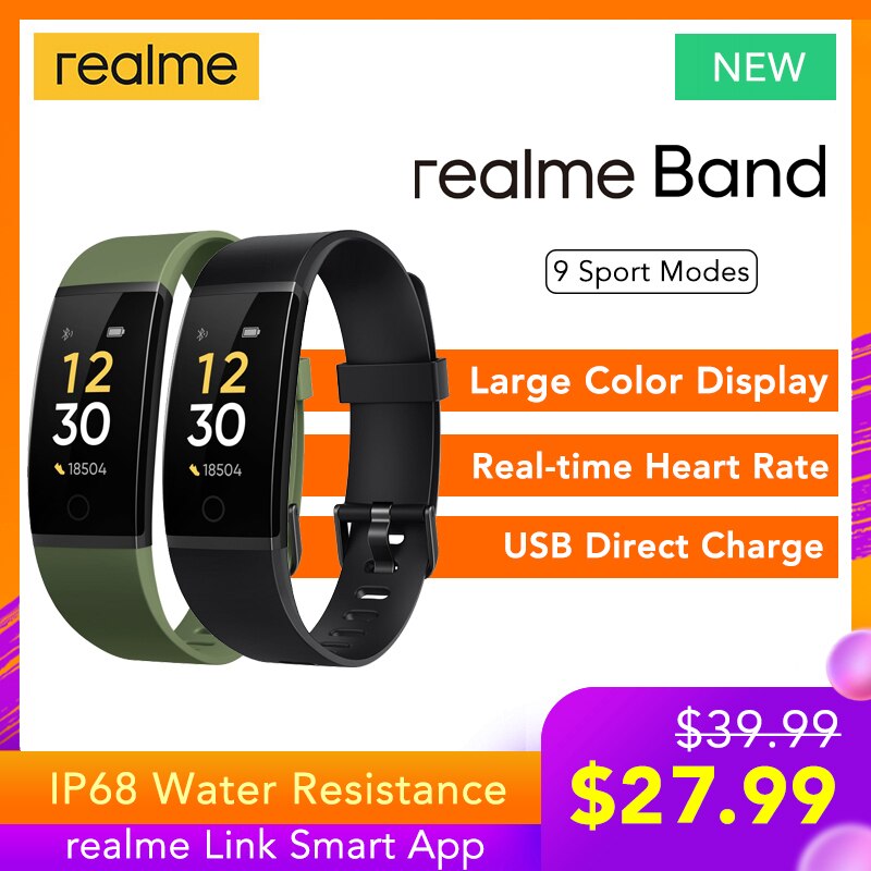 Realme älykäs rannekoru suuri värinäyttö sykemittari  ip68 urheiluseuranta 16mm rannehihna ilmoitus usb lataus