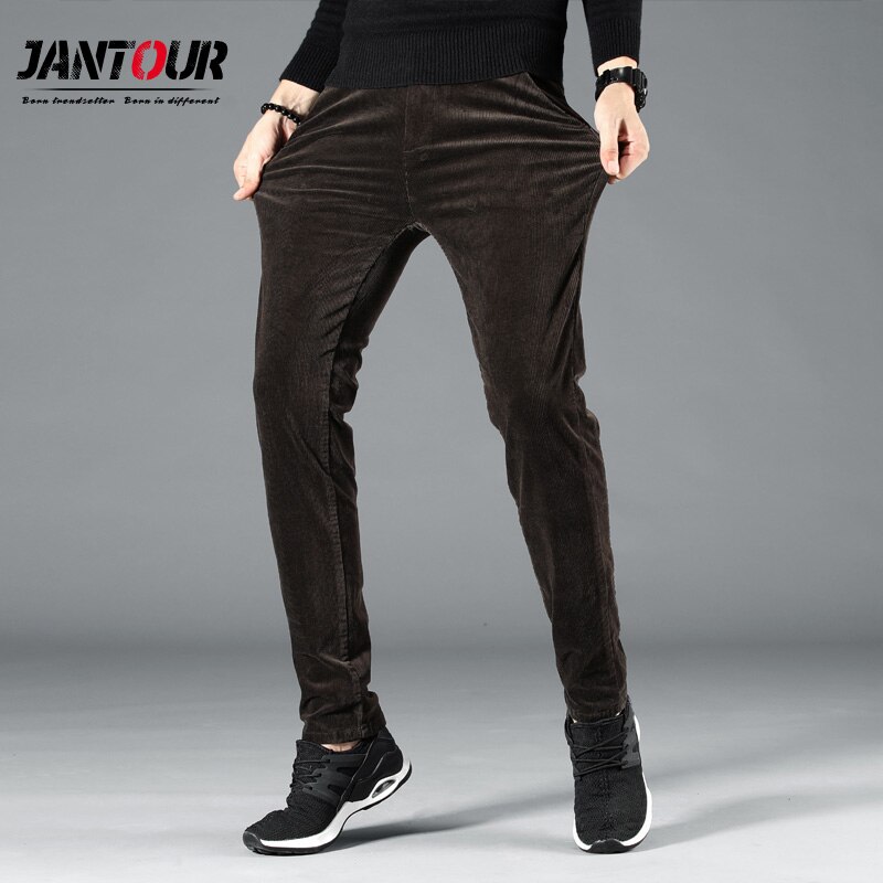 Herfst winter heren jeans slim fit dikke warme corduroy broek fleece broek heren casual zakelijke stijl lange broek heren: Bruin / 38