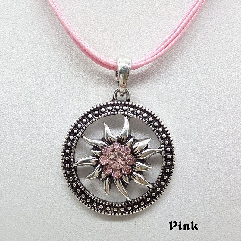 Vintage Zilveren Gesneden Edelweiss Ketting Hanger Zonnebloem Dirndl Traditionele Duitse Sieraden: pink