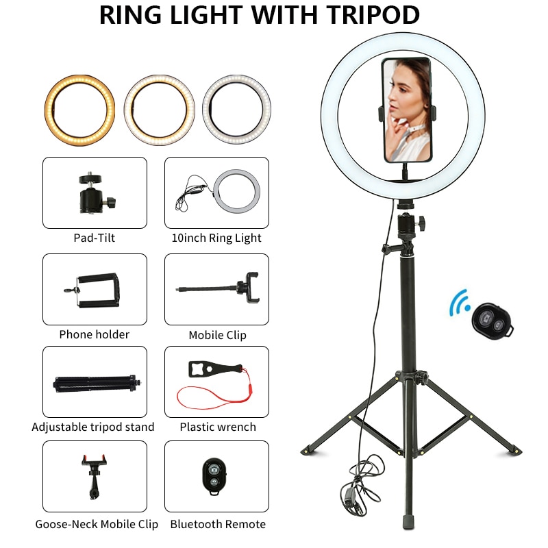 Anillo de luz LED de 26cm con trípode, lámpara de fotografía Youtuber, lámpara Circular para estudio fotográfico en vivo, anillo de luz para Selfie