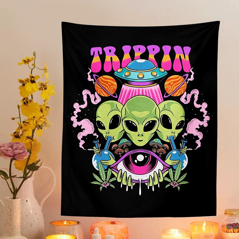 Alien tapestry mandala macrame hippie art mushroom eye wall hanging black rugs for living room home dorm decor cloth