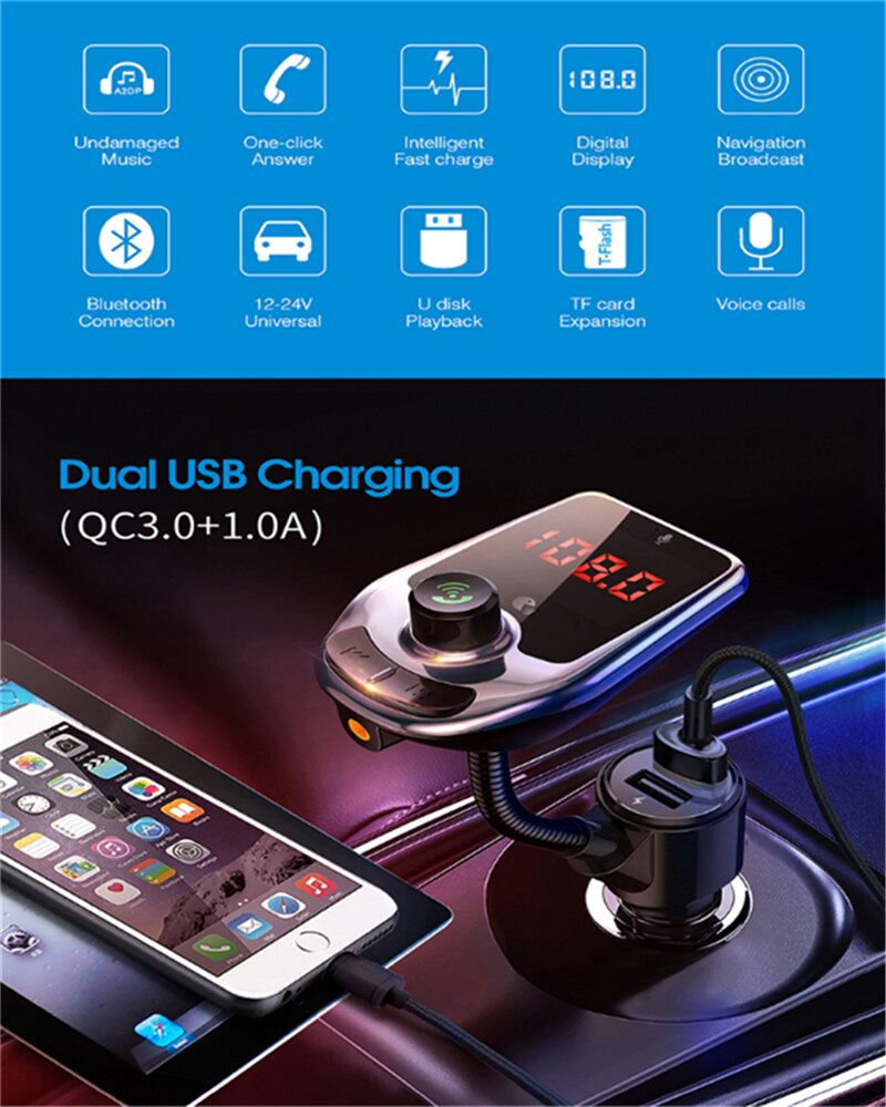 Bluetooth 5.0 FM Modulator Transmitter Car Kit MP3 Modulator Player Wireless Handsfree Audio Receiver Dual USB Fast Charger 3.1A