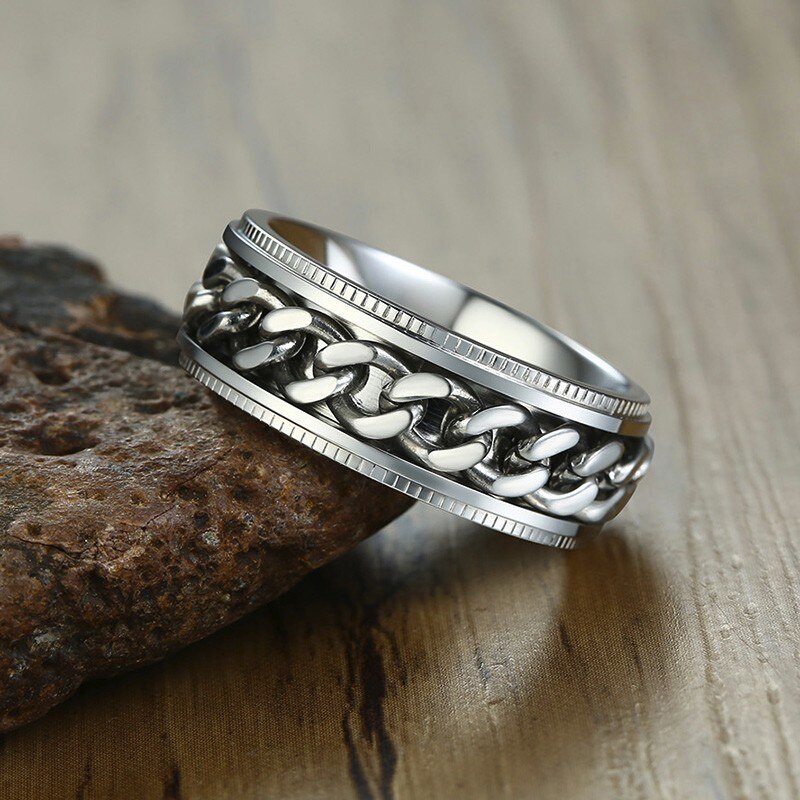 Men's Cuba Chain Spinner Ring 8mm Stainless Steel Wedding Band Silver Color Reliever Worry Rings Men Jewelry