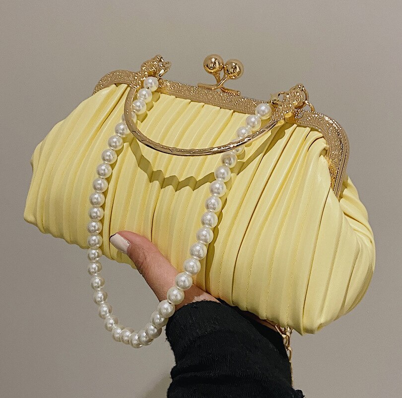 Fold Stripe Shell Bags For Woman Niche Clip Solid Pu Leather Shoulder Bag Pearls Chains Versatile Evening Handbag