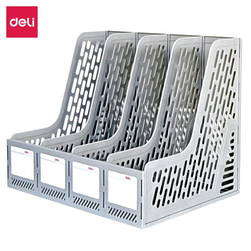 Deli Four-joint Openwork Desktop File Box Four Columns with Label Stable File Tray Desk Organizer Office School Supplies: Gray