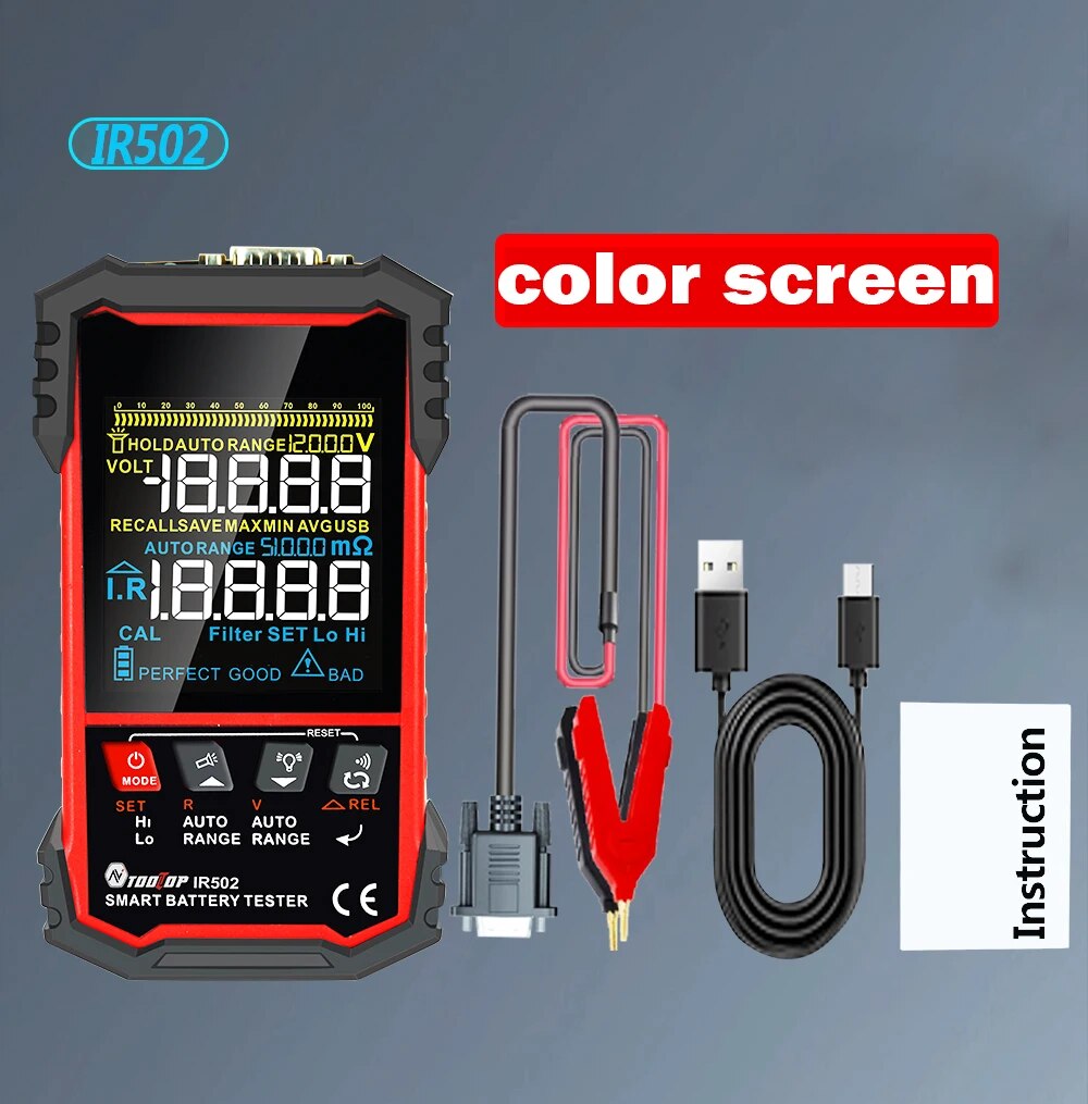TOOLTOP IR502 ±120V 500Ω Battery Internal Resistance Tester 4-Wire Kelvin Test Lead-acid Lithium Nickel-cadmium Batteries Tool: SKY BLUE