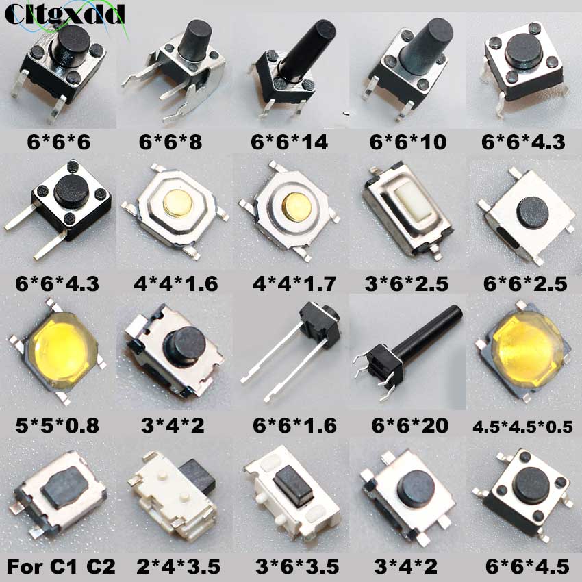 Cltgxdd 20 modelli di Micro Interruttore di Pulsante interruttore di Tatto Interruttori di Reset Mini Foglia Interruttore SMD DIP 2*4 / 3*4 / 3*6 / 4*4 / 6*6 / 5*5 Kit fai da te
