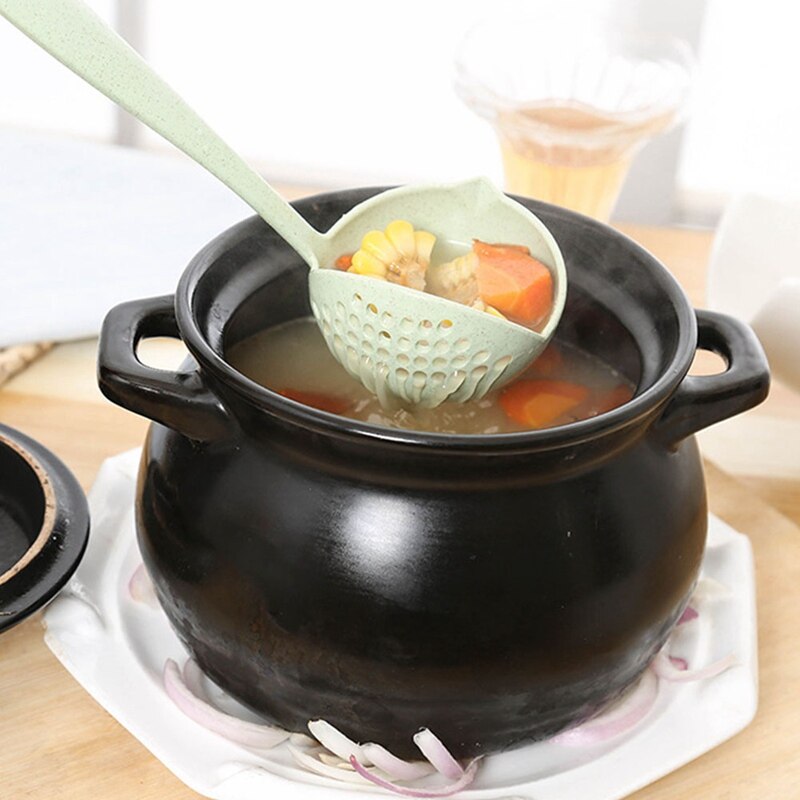 Louche cuillère à soupe en plastique | 2 en 1 à Long manche, passoire de cuisine, cuillère de cuisine, ustensiles de table