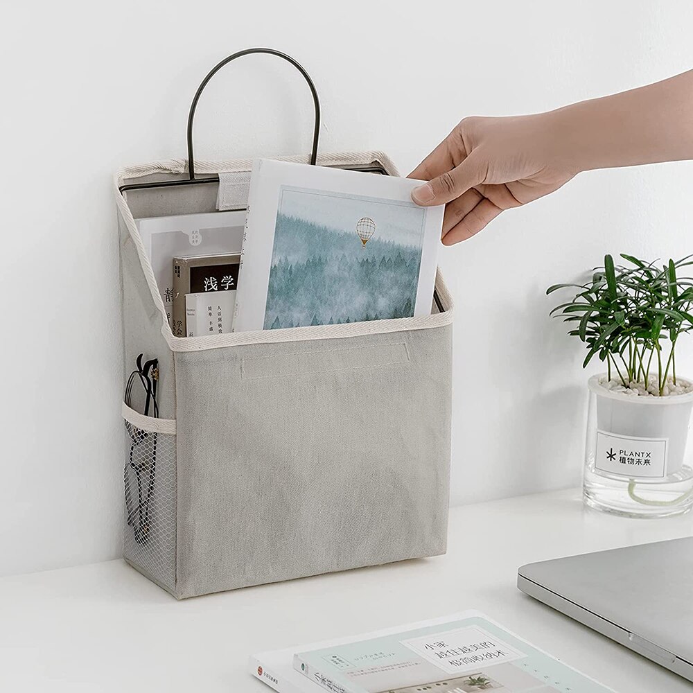 Cesta colgante para colgar en la pared, bolsa de almacenamiento de algodón y tela, organizador plegable de lino para libros, artículos diversos, estante interior para puerta