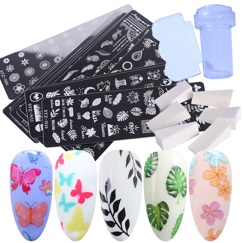 Pochoir pour ongles en dentelle, motifs de fleurs, papillons, feuilles, images d'animaux, tampons, grattoir, éponge, Kit d'outils BESTZN01-12