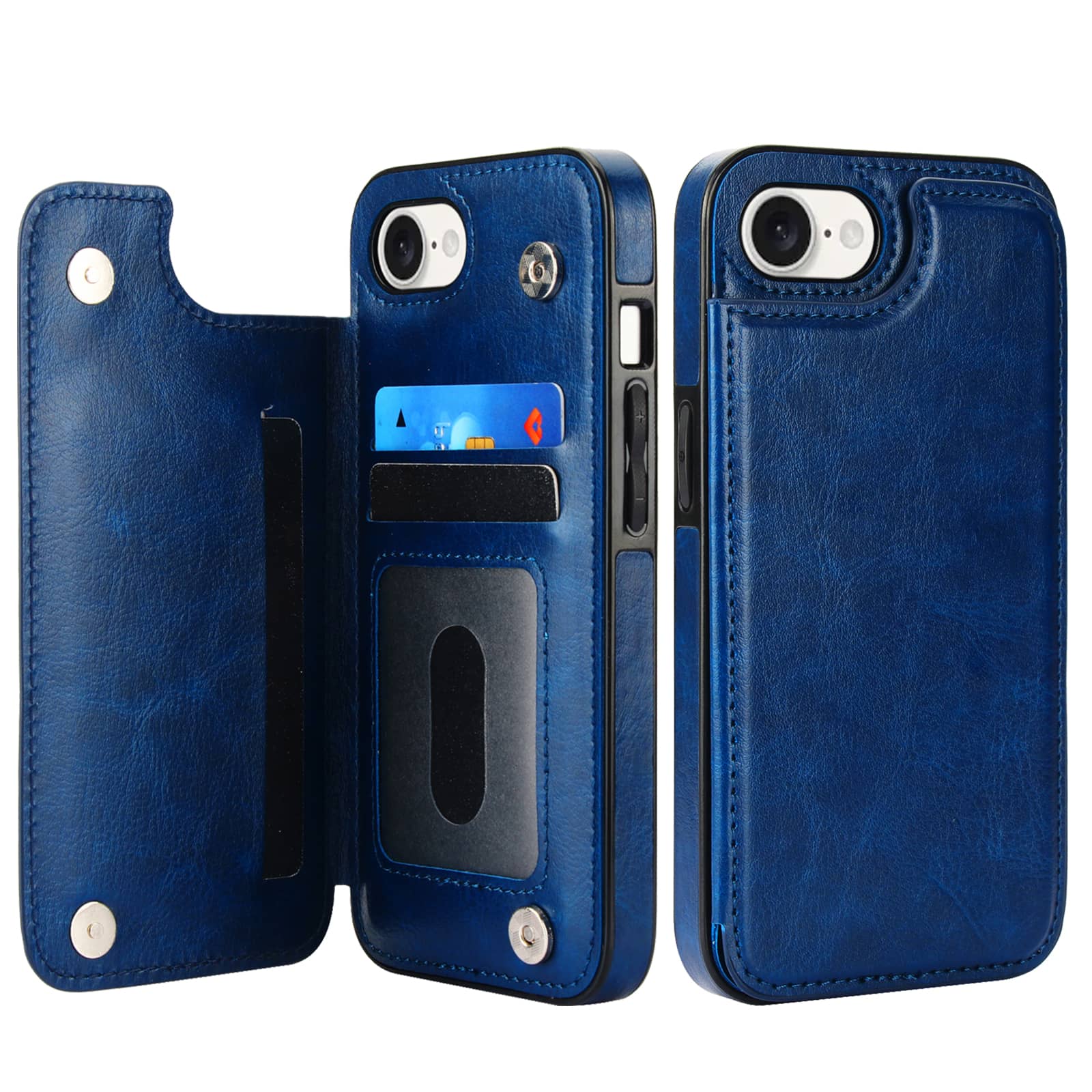 For iPhone 16e Wallet Case With Card Holder, PU Faux Leather Kickstand Card Slots,Double Magnetic Clasp Durable Cover: Blue