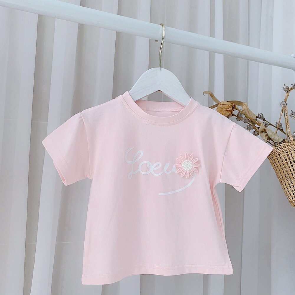 Zomer Outfits Meisjes T-shirt Kids Kinderen Baby Korte Mouw Casual Bloem Brief O-hals Tops Basic Tee T-shirts S12483: Pink / 3T