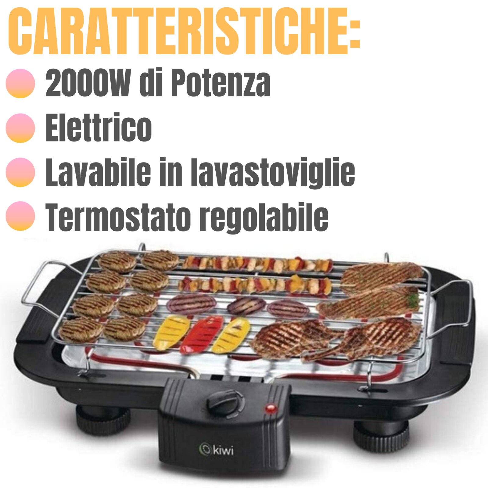 Grill ELETTRICO GRIGLIA BISTECCHIERA BBQ PIASTRA DA GIARDINO TAVOLO 2000W