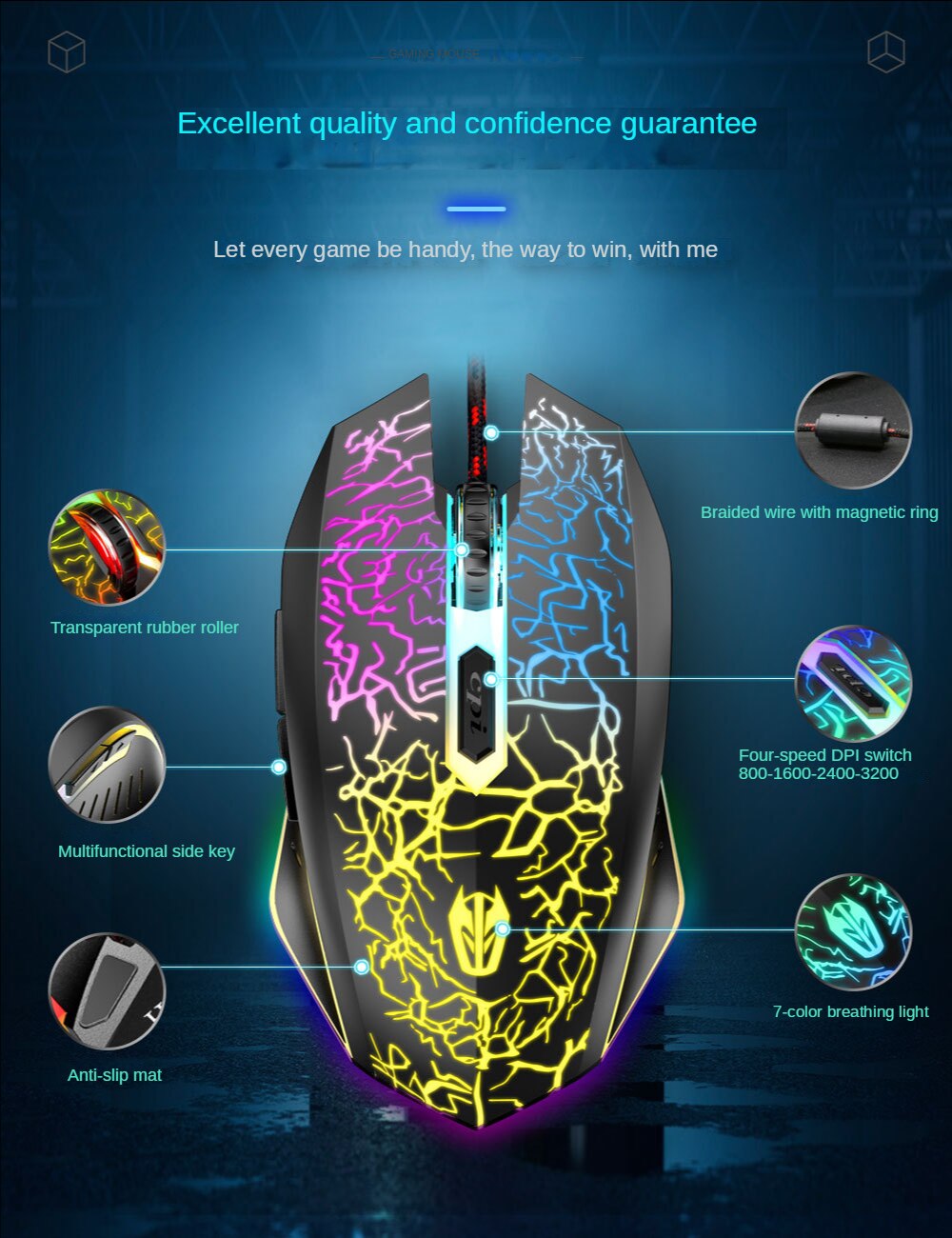 Wired Gaming Mouse 3200DPI USB Optical Computer Mouse for PC Laptop 6 Button Ergonomic Mouse LED Light Luminous Mechanical Mouse