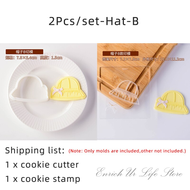 2Pcs Baby Clothes Embossed Cookie Mold Kids Birthday Cake Decorating Tools Fondant Biscuit Cutter Boy Girl Party Dessert Mold: Hat-B