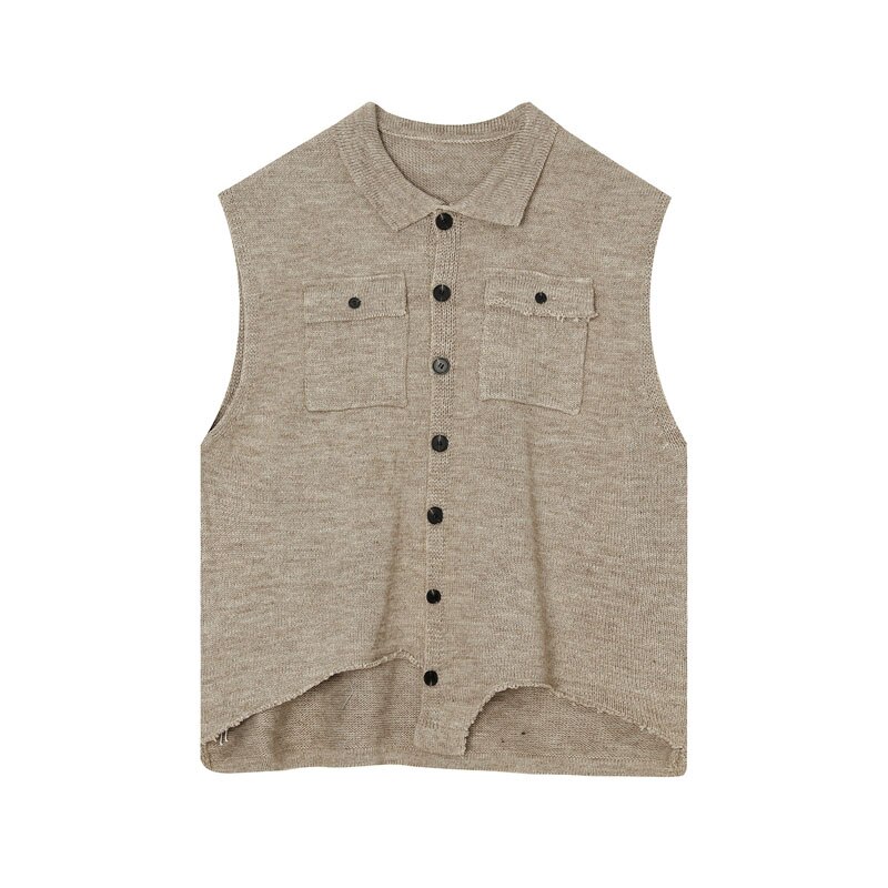 Homme surdimensionné Vintage Streetwear Hip Hop chandails veste hommes ourlet cassé sans manches tricoté gilet pull manteau: Apricot 9010 / L