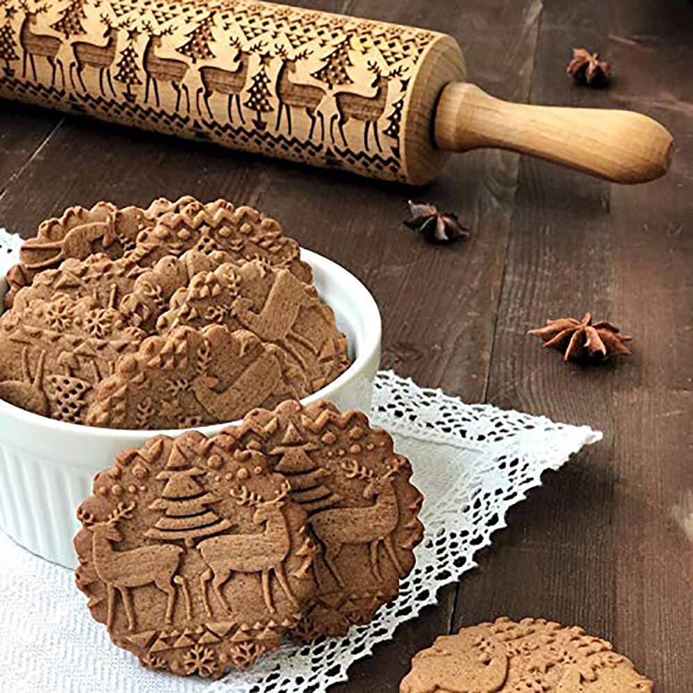 Weihnachten Geprägte rollen Stift Gravierte Holz Geschnitzt Backen Kekse Keks Fondant Kuchen Teig Rolle Rentier Schneeflocke Navidad