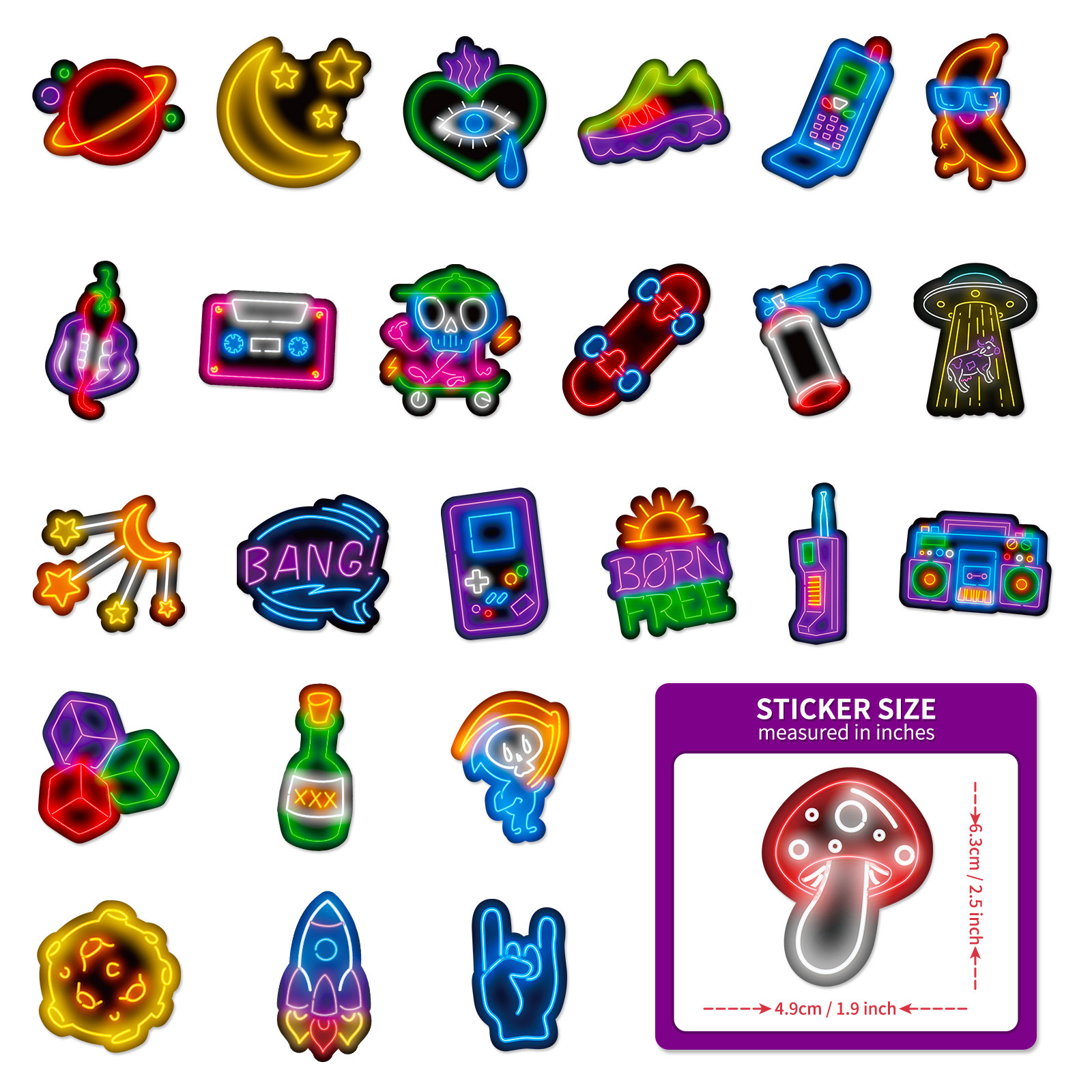 10/25/50pcs Mixed Neon Light Cartoon Stickers for Phone Laptop Guitar Helmet Travel Luggage Skateboard Car DIY