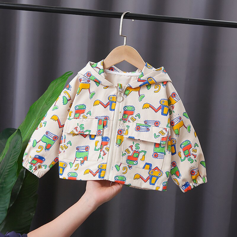 Bebê menino roupas primavera e outono moda impressão dos desenhos animados com zíper casaco de jaqueta com capuz das crianças casuais esportes outerwear menino jaqueta: beige / 12 m