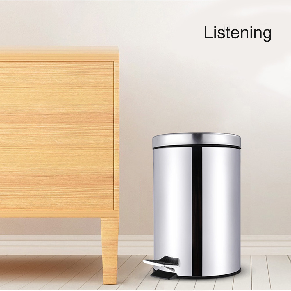 foot-operated trash can Round Stainless Steel Step Trash Can Wastebasket Garbage Container Bin for Bathroom Bedroom Kitchen