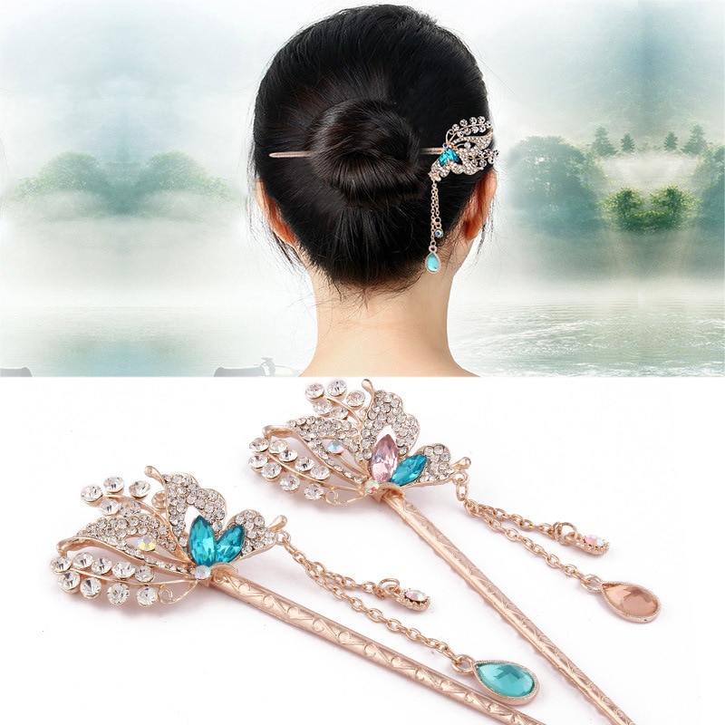 Kinesisk stil krystal rhinsten sommerfugle hårpinde metal insekt hår tilbehør kvinder bryllup smykker