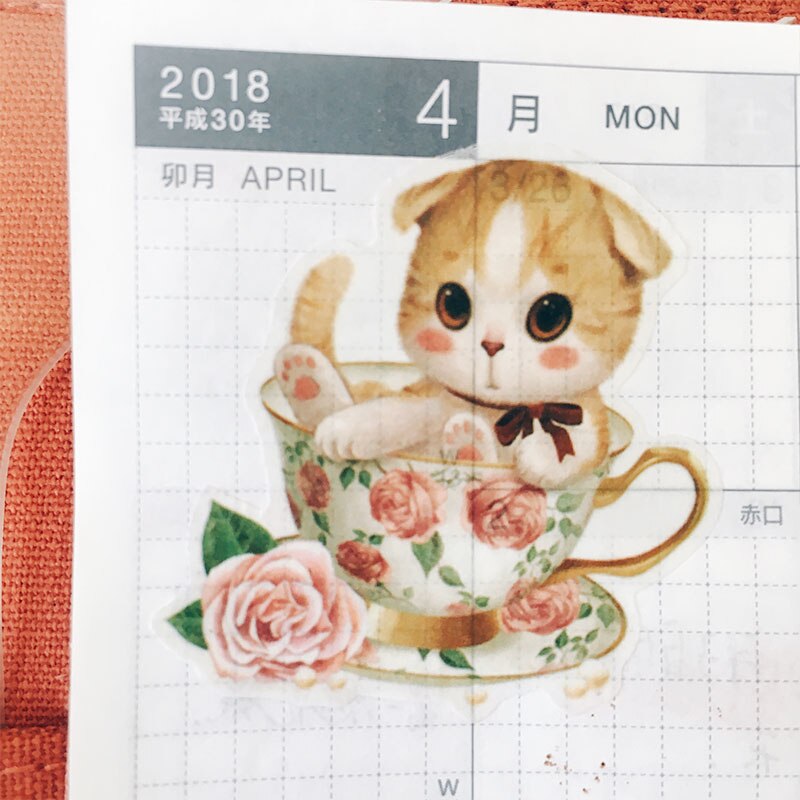 Cartoon kawaii teacup cat stickers DIY scrapbooking journal album happy planner crafts decorative stickers