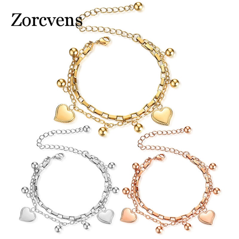 ZORCVENS Gold Silver Color Stainless Steel Bracelets for Women Multi-layer Stylish Heart Charm Wedding Bracelets