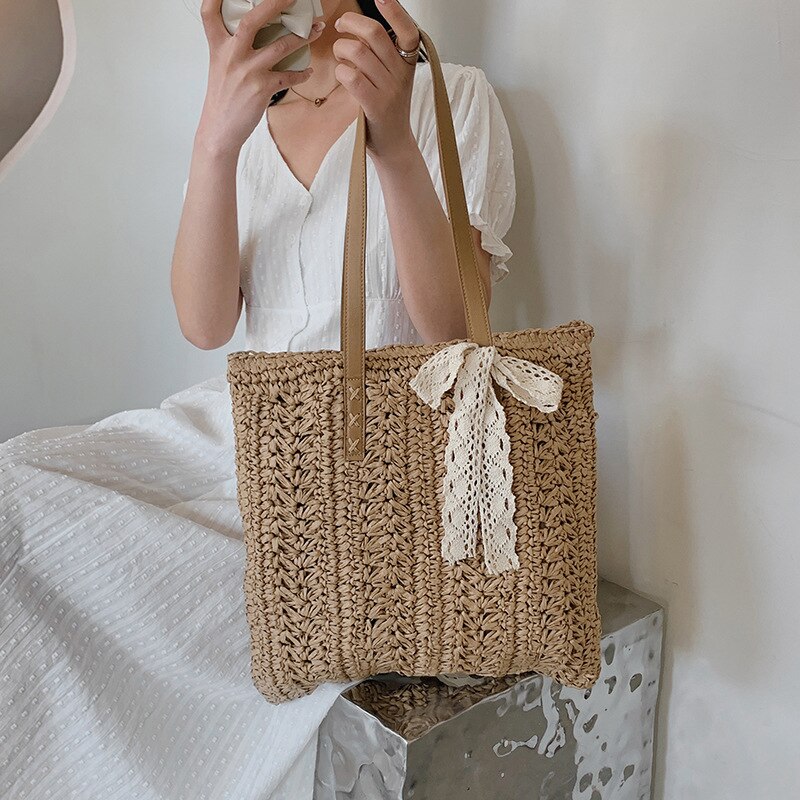 Sommer Große Kapazität Stroh gewebte Schulter Tasche Hohl Strand Taschen Reise lässig Dame Einkaufen Totes Kupplung Handtasche: a-khaki AddRibbon