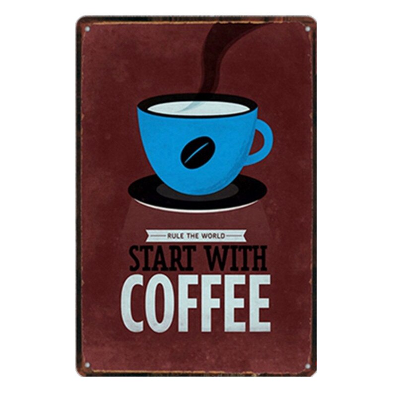 Holde roen drikke kaffe kafé butikk kjøkkeninnredning vintage blikkskilt shabby kunst hengende jernmalerier metallplaketter plateplakater