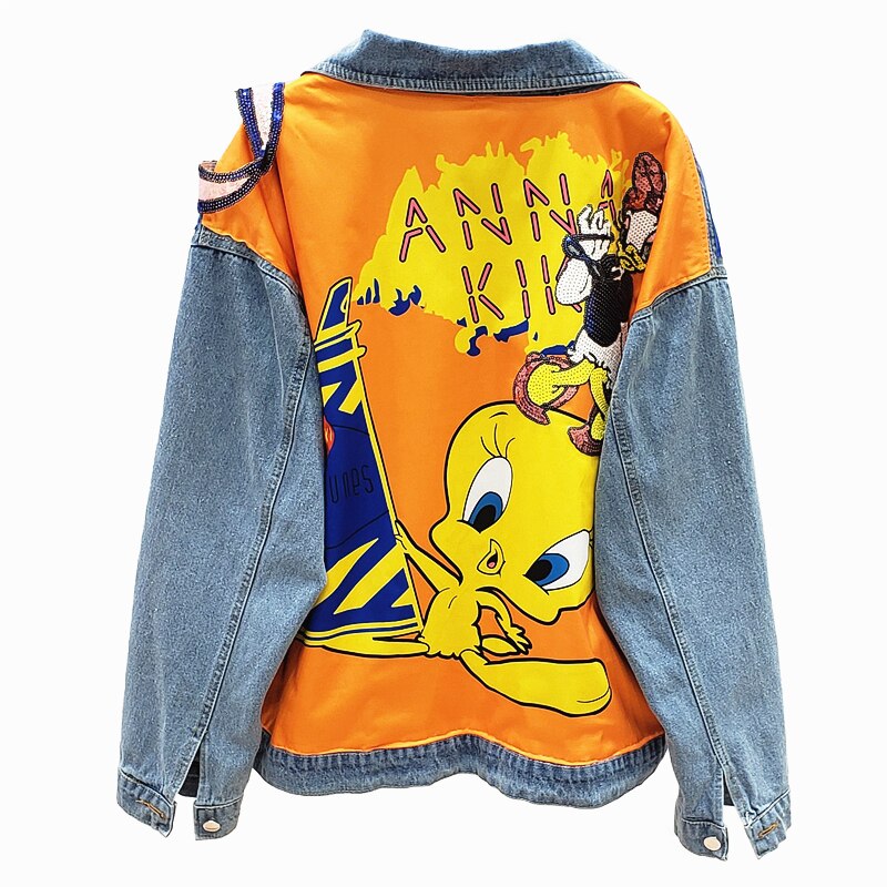 Chaqueta vaquera con estampado de dibujos animados para mujer, chaqueta vaquera con lentejuelas para mujer, ropa de calle, abrigo vaquero de manga larga, prendas de vestir holgadas, novedad de Otoño de