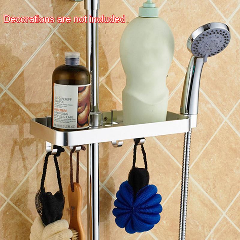 Taca hotelowa półka łazienkowa na drążek prysznicowy regał magazynowy uniwersalny prostokąt bez wiercenia opróżnianie przestrzeń domowa aluminium z 4 haczykami