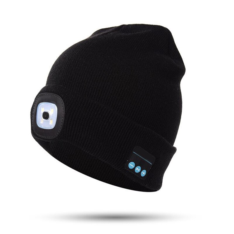 Bluetooth-muts met led-koplamp, verlichte muts, oplaadbaar met draadloze bluetooth-winterwarme gebreide muts en t8: Zwart