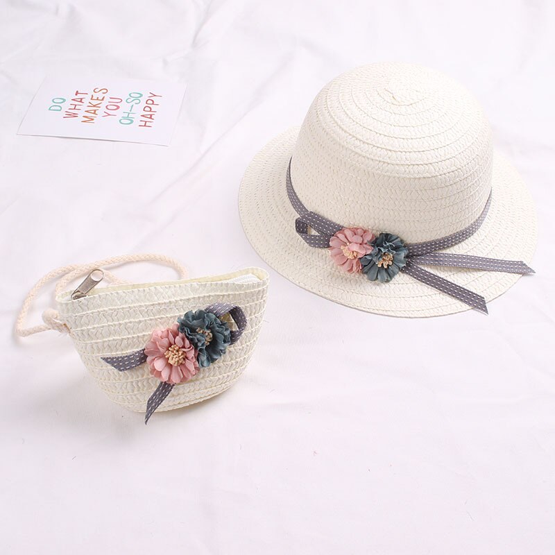 Zomer Baby Bloem Ademend Strohoed Met Handtas Tassen Kids Hoed Jongen Meisjes Zonneklep Uv-bescherming Panama Hoed gorras: 3-beige white