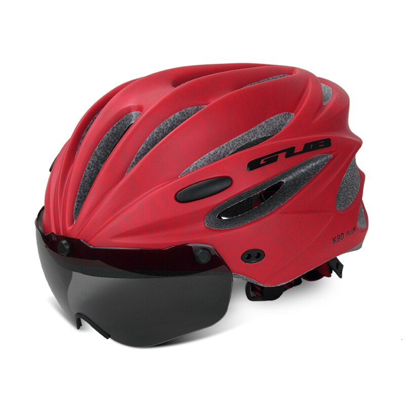 Mtb racefietshelm integraal gevormde fietshelm met vizier, brillenlens, ultralichte, veilige fietshelm voor heren en dames: Rood