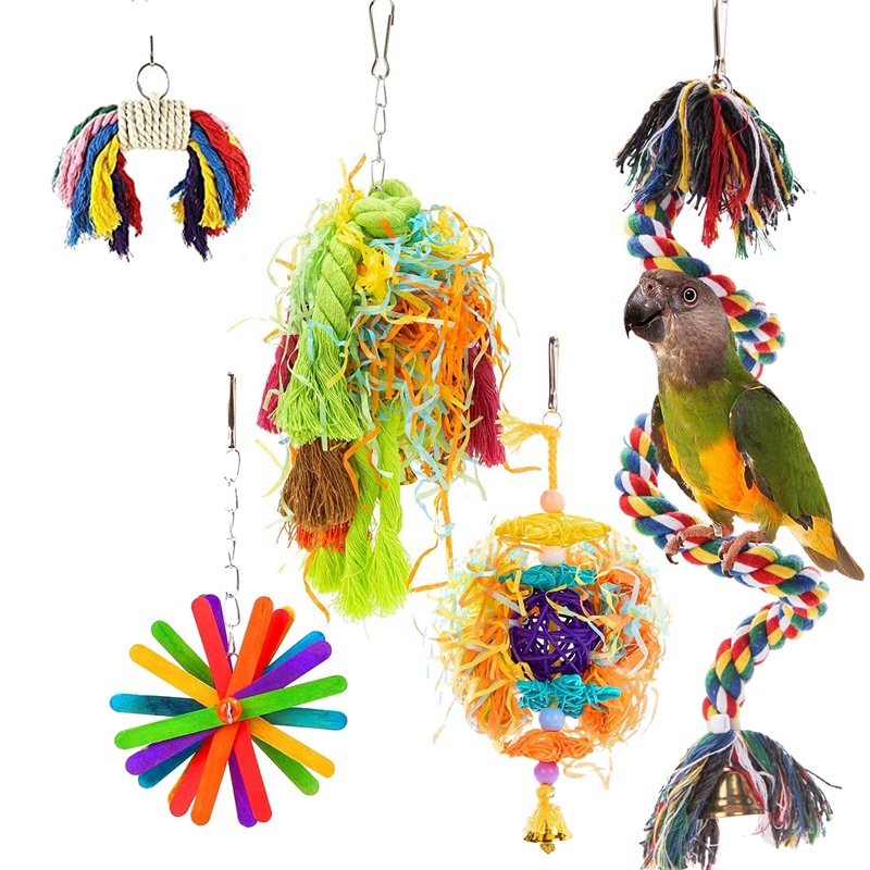 Paquete de 5 juguetes para masticar aves, triturador de forrajeo de loros, juguetes de forrajeo colgantes, perca, juguetes de loro para Bungee, juguete de pájaro: Default Title