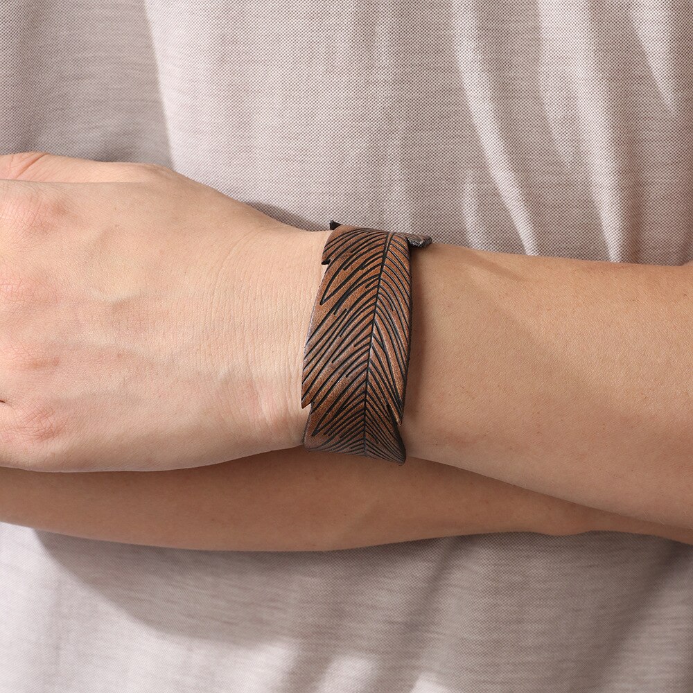 Vintage Pu Leer Mannen Armband Punk Veer Knop Manchet Armband Maat 23*3Cm