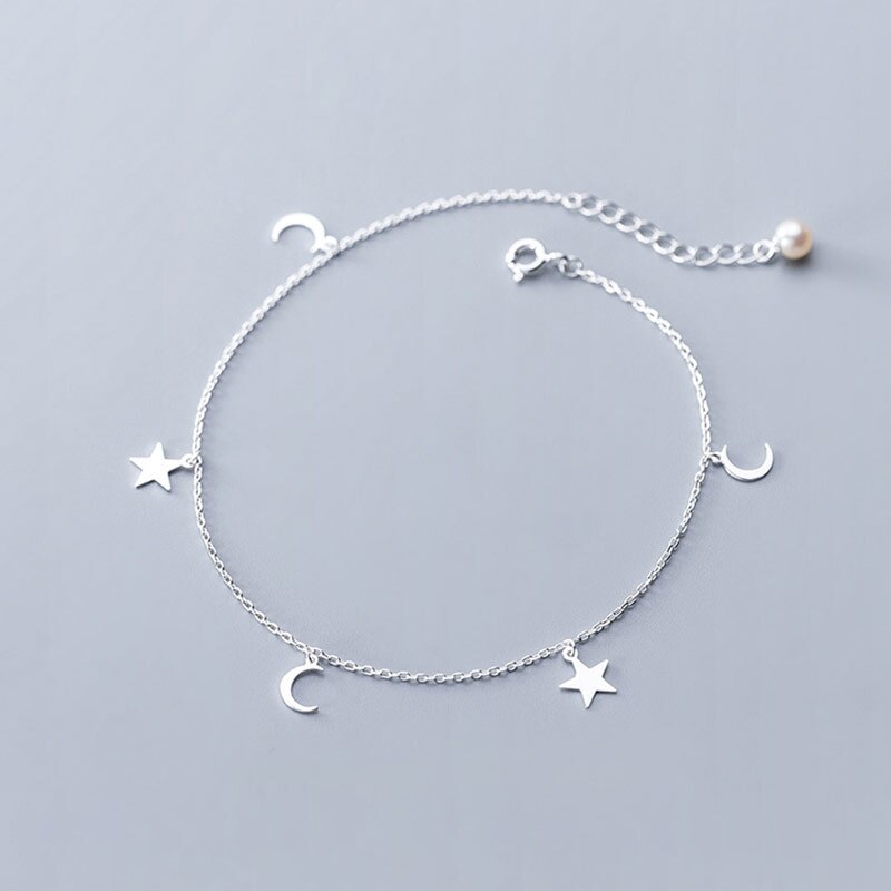 Bracelets de cheville en argent Sterling 925 avec perles pour femmes, chaîne à maillons, lune, étoile, bijoux de pied, accessoires féminins