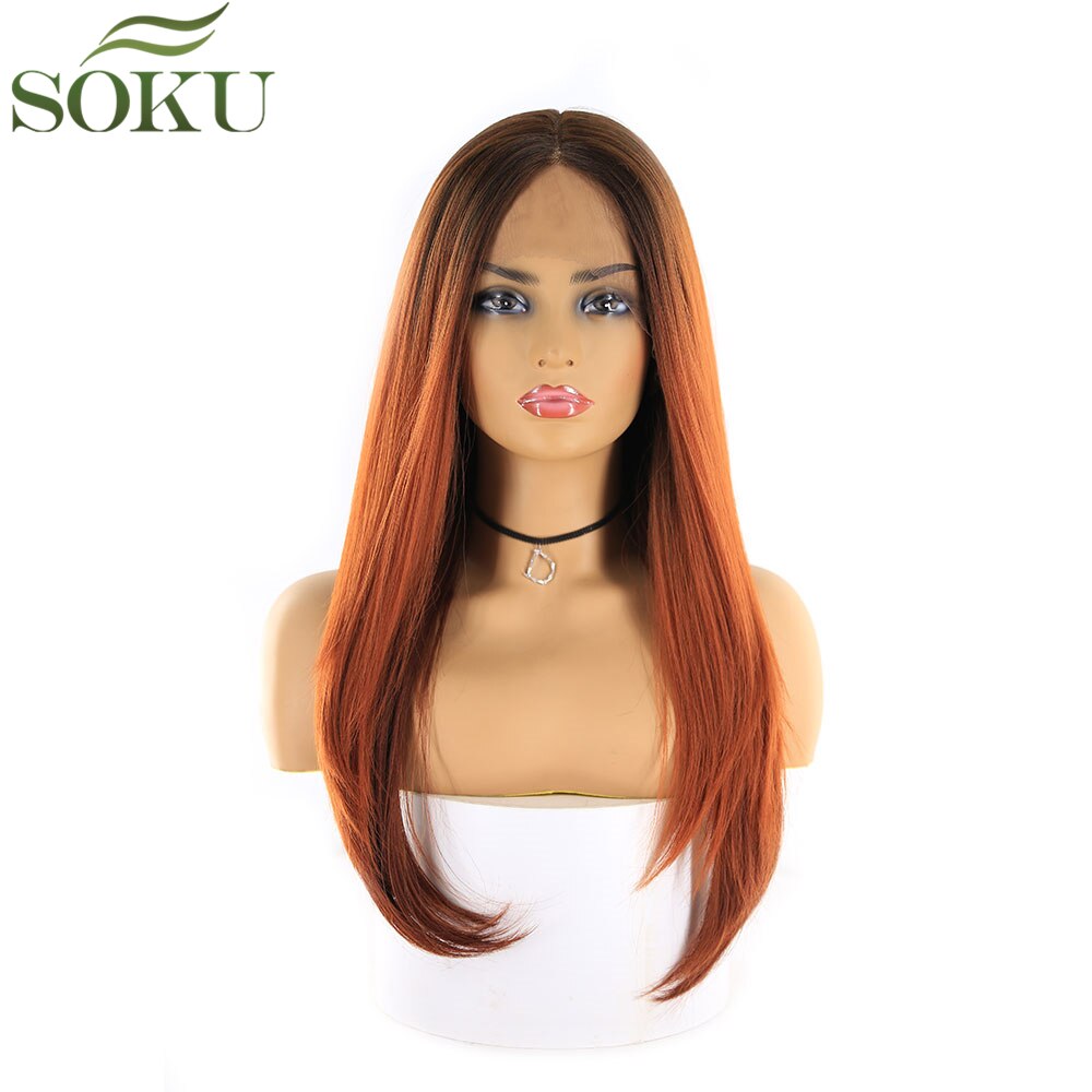 Pelucas frontales de encaje sintético de Color rosa SOKU para mujeres negras, peluca de parte media, pelucas de fibra de alta temperatura sin pegamento de 130% de densidad: GT33AMBER