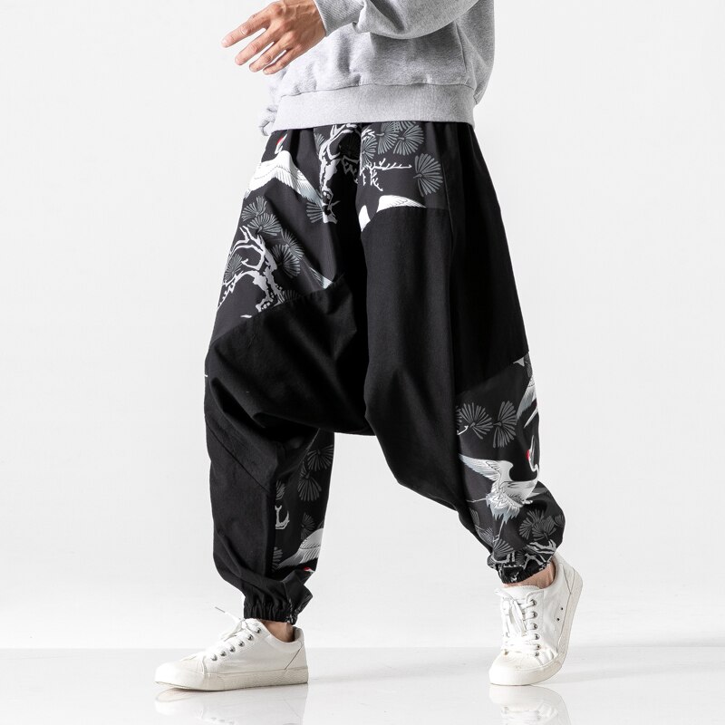 Streetwear herr lösa haremsbyxor man höst kausal baggy traditionella byxor tryck bomull byxor byxor herr