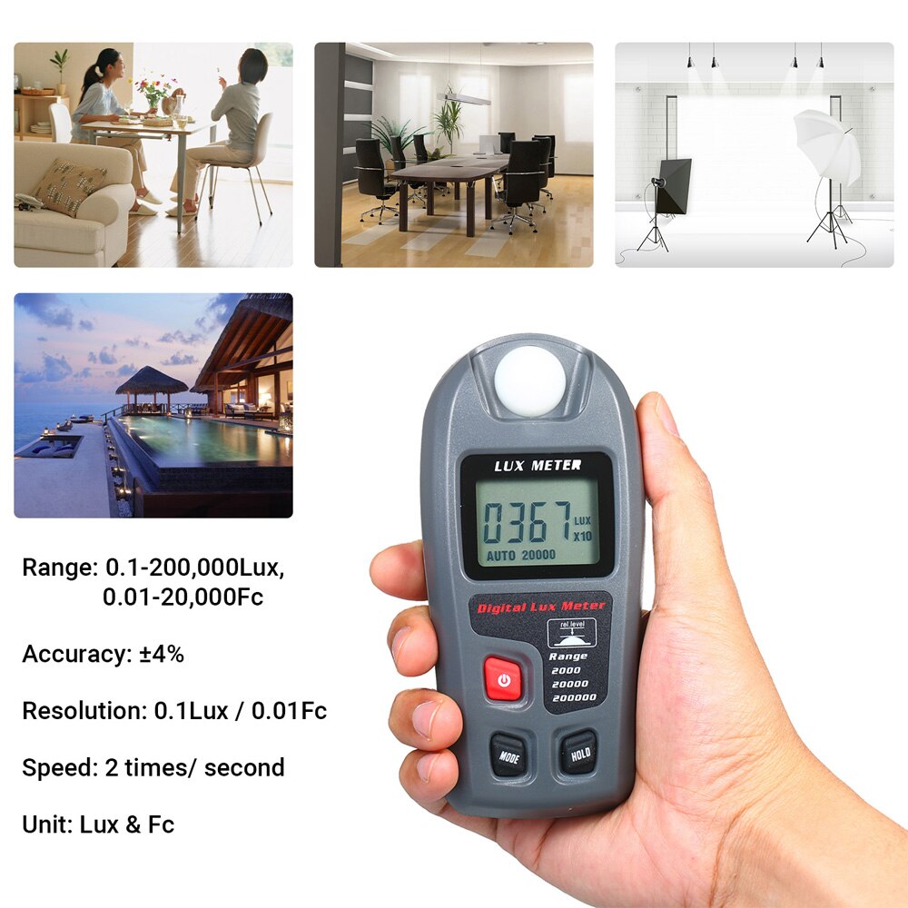 Light Meter Digital Illuminance Meter 0.1-200,000Lux 4 Switchable Ranges Portable Illuminometer Pocket LCD Screen